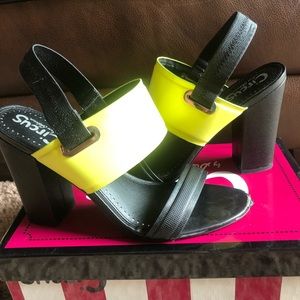 Black and chartreuse sandals